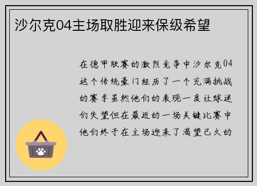 沙尔克04主场取胜迎来保级希望